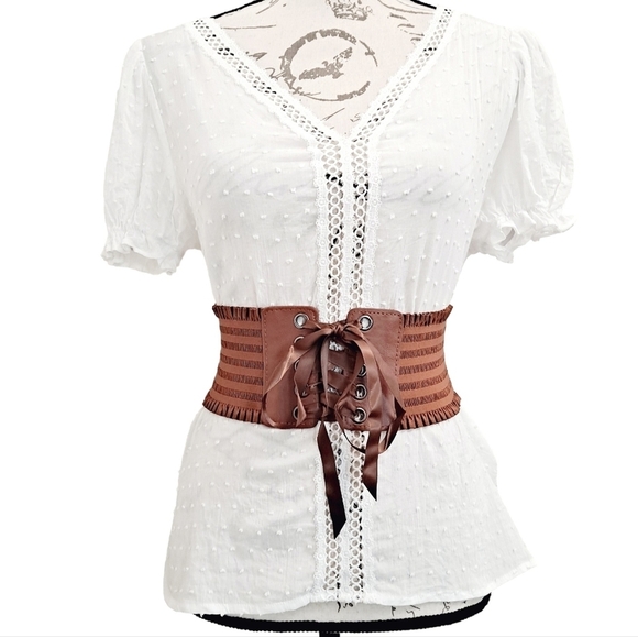 Corset Boho Wide Brown Belt lace up elastic stretch waist ruffle Statement S/M - Picture 4 of 11